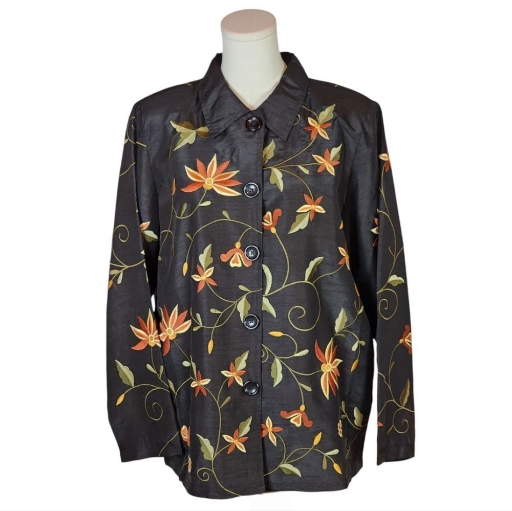 Brownstone Studio Y2K Floral Embroidered Black Button Jacket L